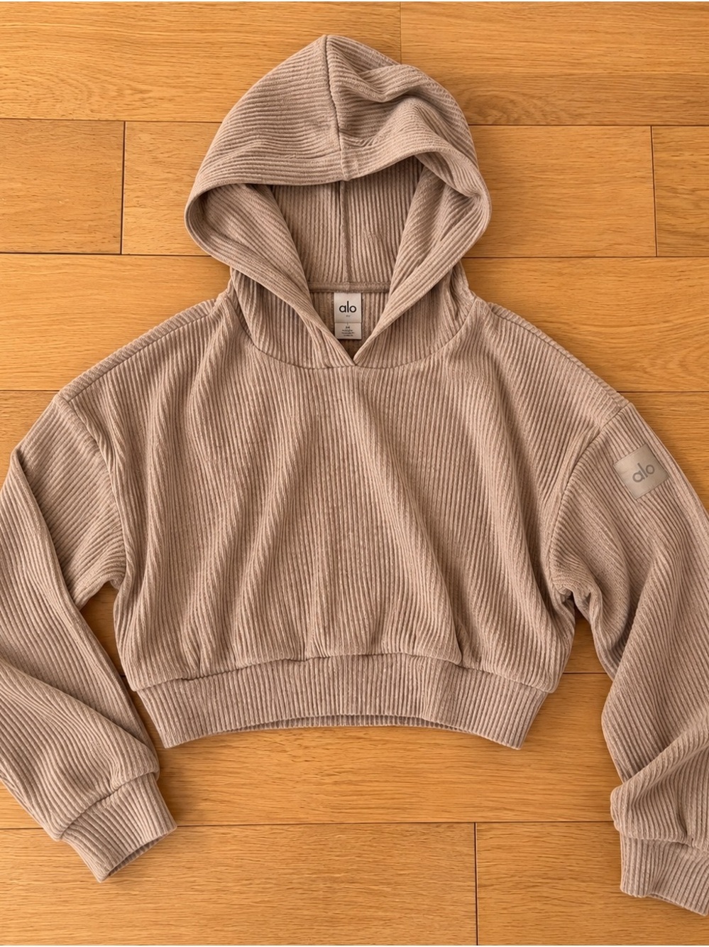 ALO Yoga Cropped Ribbed Hoodie in Beige/ Taupe Size S